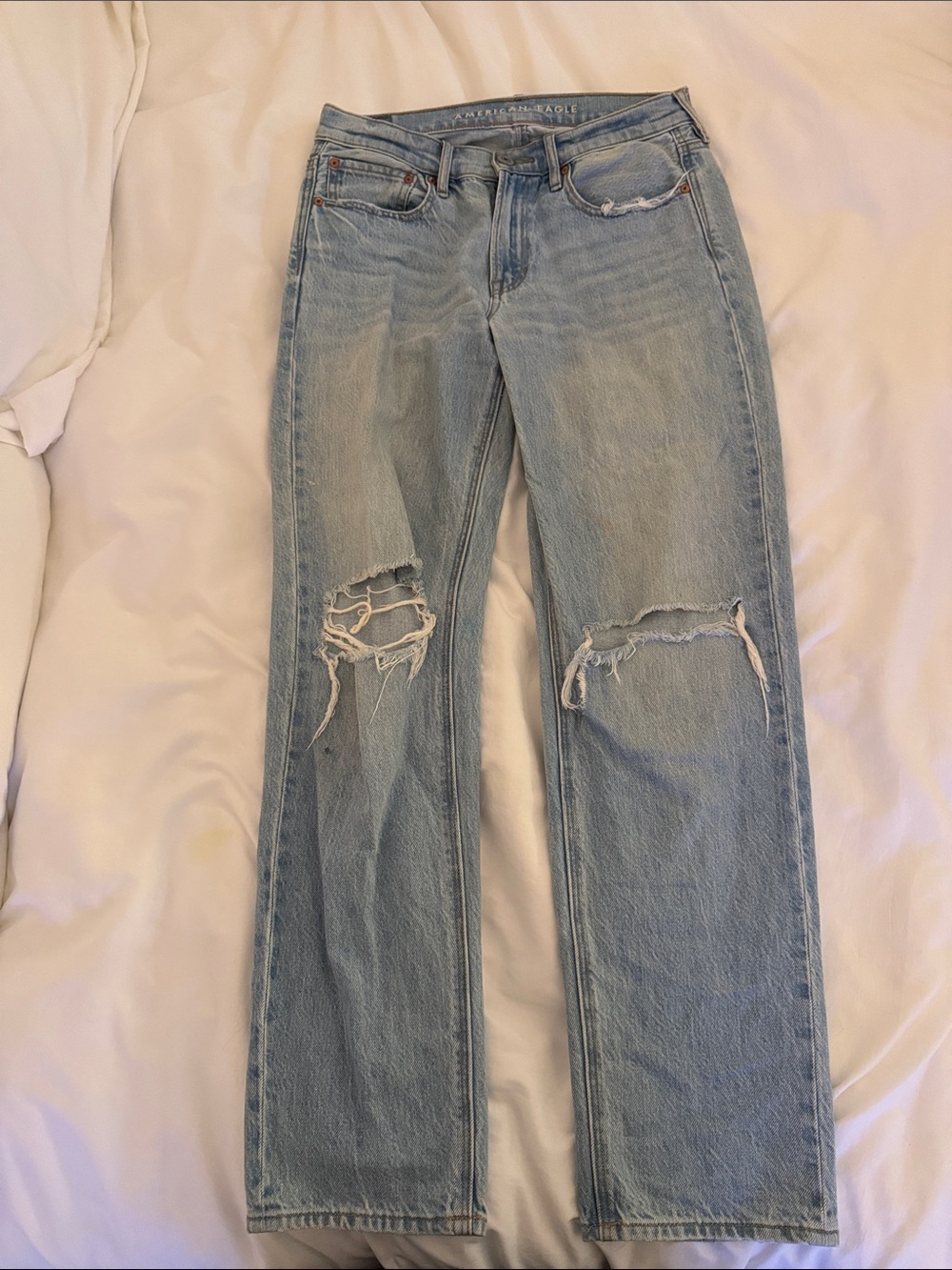 American Eagle Outfitters Light Blue Straight-Leg Distressed Jeans